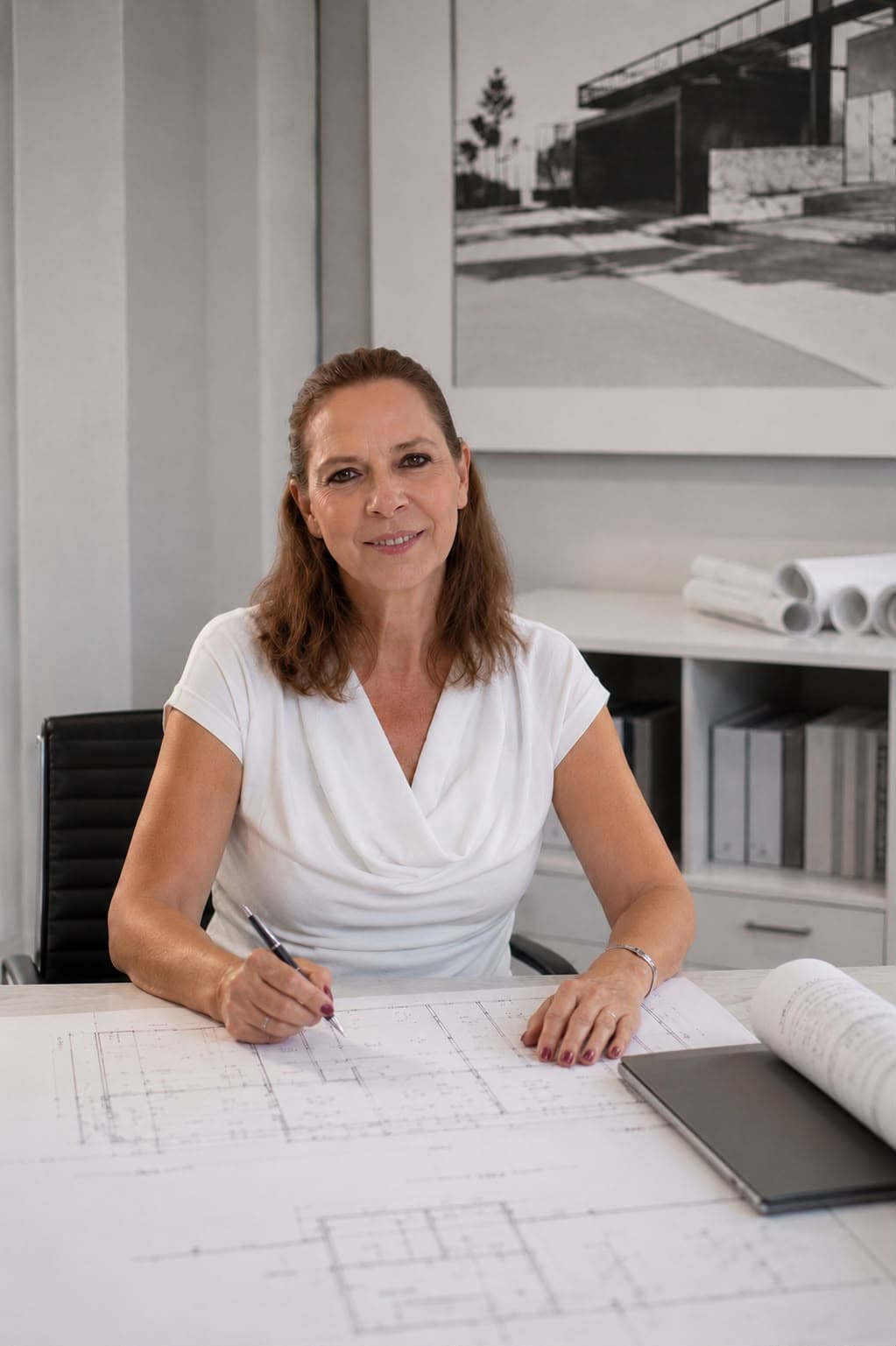 Birgit Hagemeyer-Mischkus, Architektin, an ihrem Arbeitsplatz mit Bauplänen